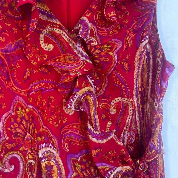 London Times Sleeveless Maxi Dress Bold Red Paisley Print Ruffled Boho Size 10 - Picture 6 of 15